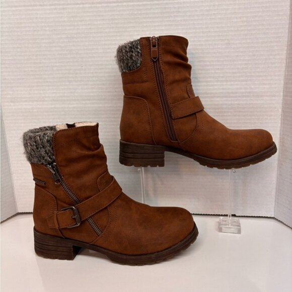 Brown and Gray Combat Boots with Knit Cuff and Buckle - Picture 3 of 10